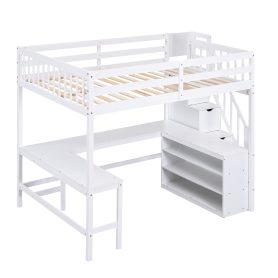 Full Size Loft Bed with Built-in L-Shaped Desk and Three-Tier Storage Shelves,and Attached Storage Staircase