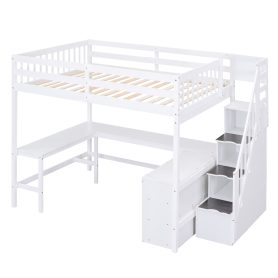 Full Size Loft Bed with Built-in L-Shaped Desk and Three-Tier Storage Shelves,and Attached Storage Staircase