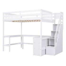 Full Size Loft Bed with Built-in L-Shaped Desk and Three-Tier Storage Shelves,and Attached Storage Staircase