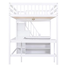 Full Size Loft Bed with Built-in L-Shaped Desk and Three-Tier Storage Shelves,and Attached Storage Staircase