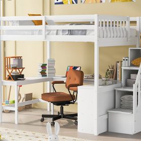 Full Size Loft Bed with Built-in L-Shaped Desk and Three-Tier Storage Shelves,and Attached Storage Staircase