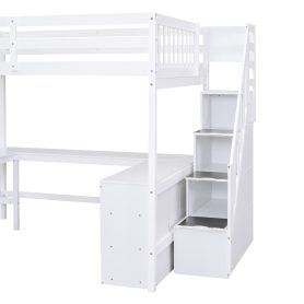 Full Size Loft Bed with Built-in L-Shaped Desk and Three-Tier Storage Shelves,and Attached Storage Staircase