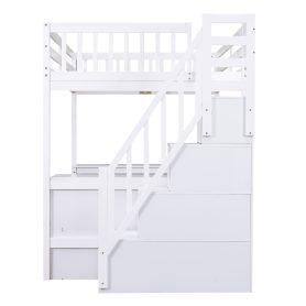 Full Size Loft Bed with Built-in L-Shaped Desk and Three-Tier Storage Shelves,and Attached Storage Staircase