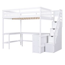Full Size Loft Bed with Built-in L-Shaped Desk and Three-Tier Storage Shelves,and Attached Storage Staircase