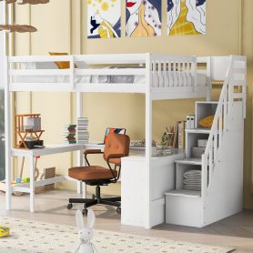 Full Size Loft Bed with Built-in L-Shaped Desk and Three-Tier Storage Shelves,and Attached Storage Staircase