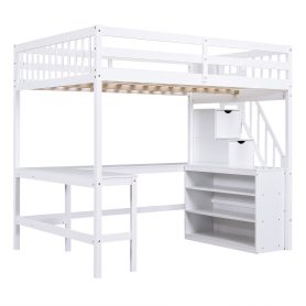 Full Size Loft Bed with Built-in L-Shaped Desk and Three-Tier Storage Shelves,and Attached Storage Staircase