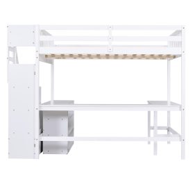 Full Size Loft Bed with Built-in L-Shaped Desk and Three-Tier Storage Shelves,and Attached Storage Staircase