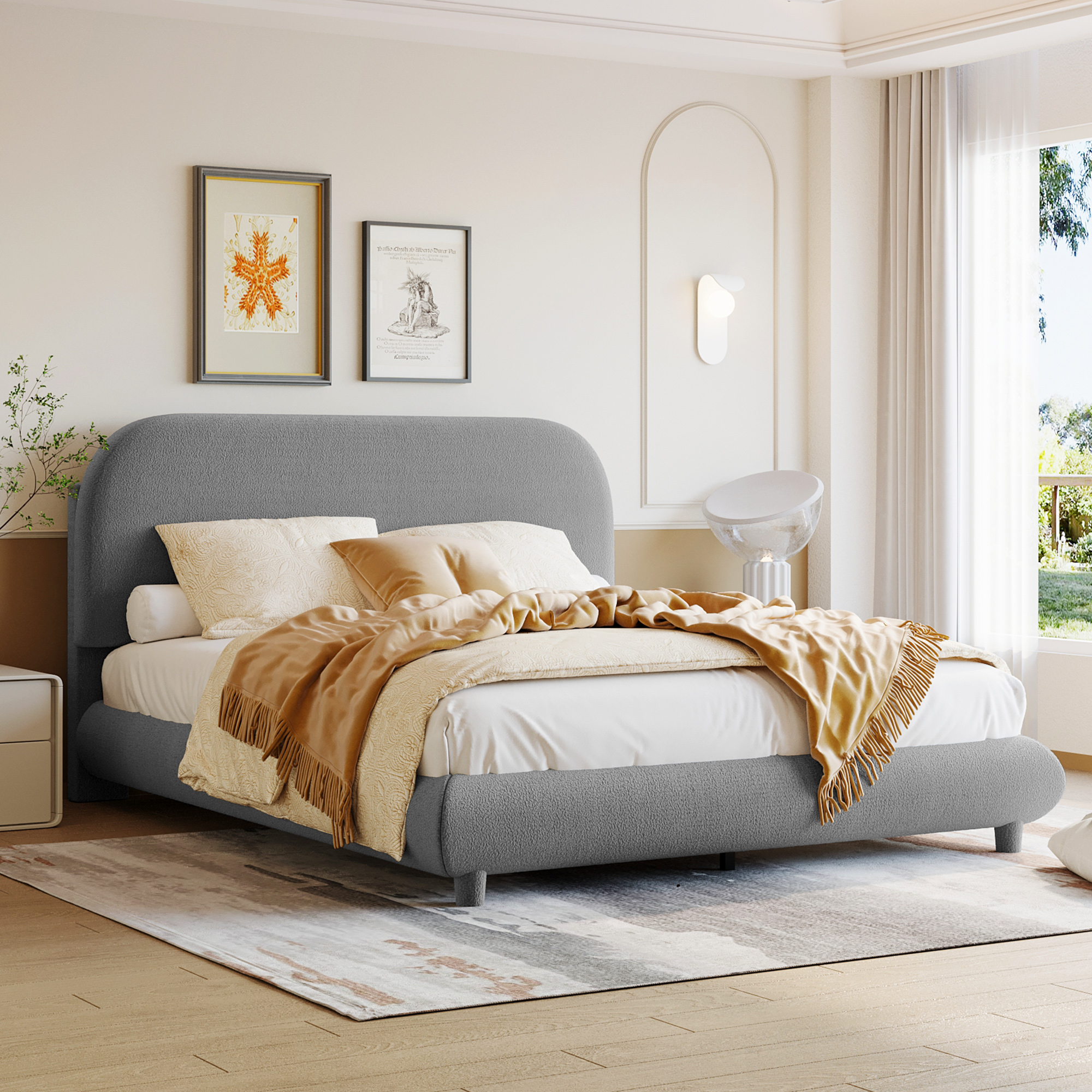 Teddy Fleece Full Size Upholstered Platform Bed With Thick Fabric, Solid Frame And Stylish Curve-shaped Design