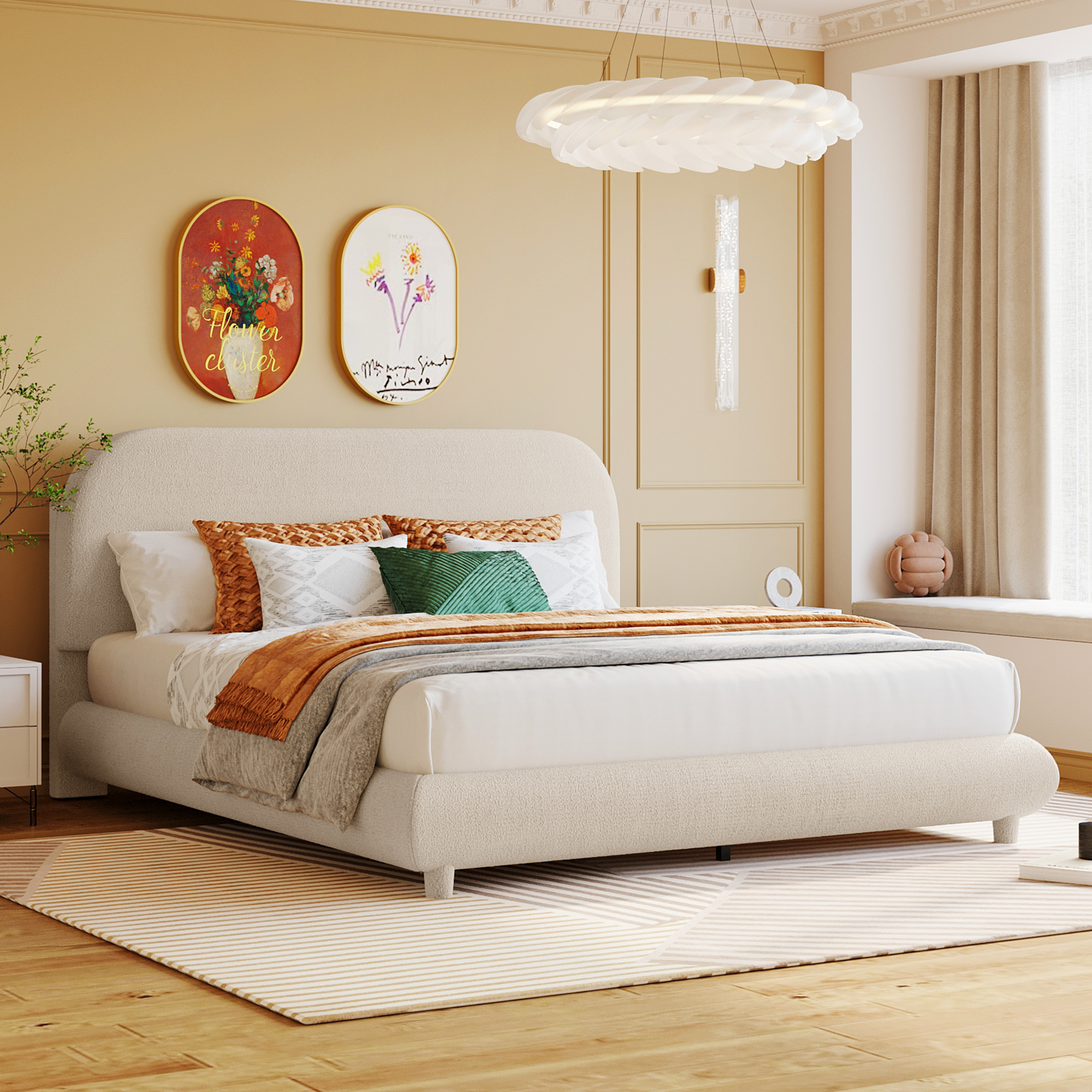 Teddy Fleece Queen Size Upholstered Platform Bed with Thick Fabric, Solid Frame and Stylish Curve-shaped Design