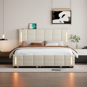 Queen Size Upholstered Platform Bed With Trundle And Drawers