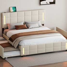 Queen Size Upholstered Platform Bed With Trundle And Drawers
