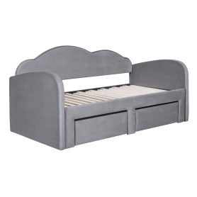 Twin Size Upholstered Daybed with Cloud-Shaped Backrest, Trundle & 2 Drawers and USB Ports