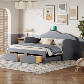Twin Size Upholstered Daybed with Cloud-Shaped Backrest, Trundle & 2 Drawers and USB Ports