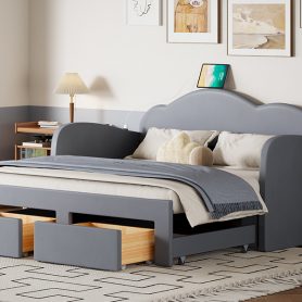Twin Size Upholstered Daybed with Cloud-Shaped Backrest, Trundle & 2 Drawers and USB Ports