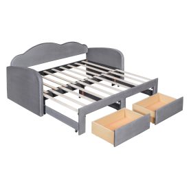 Twin Size Upholstered Daybed with Cloud-Shaped Backrest, Trundle & 2 Drawers and USB Ports