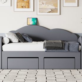 Twin Size Upholstered Daybed with Cloud-Shaped Backrest, Trundle & 2 Drawers and USB Ports