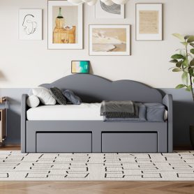 Twin Size Upholstered Daybed with Cloud-Shaped Backrest, Trundle & 2 Drawers and USB Ports