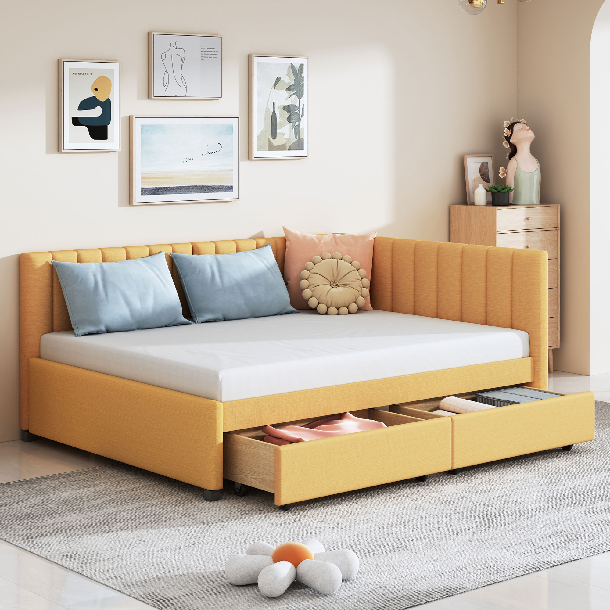 Full Size Upholstered Daybed with 2 Storage Drawers