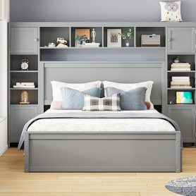 Queen Size Wooden Bed With All-in-one Cabinet, Shelf And Sockets