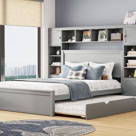 Queen Size Wooden Bed With All-in-one Cabinet, Shelf And Sockets