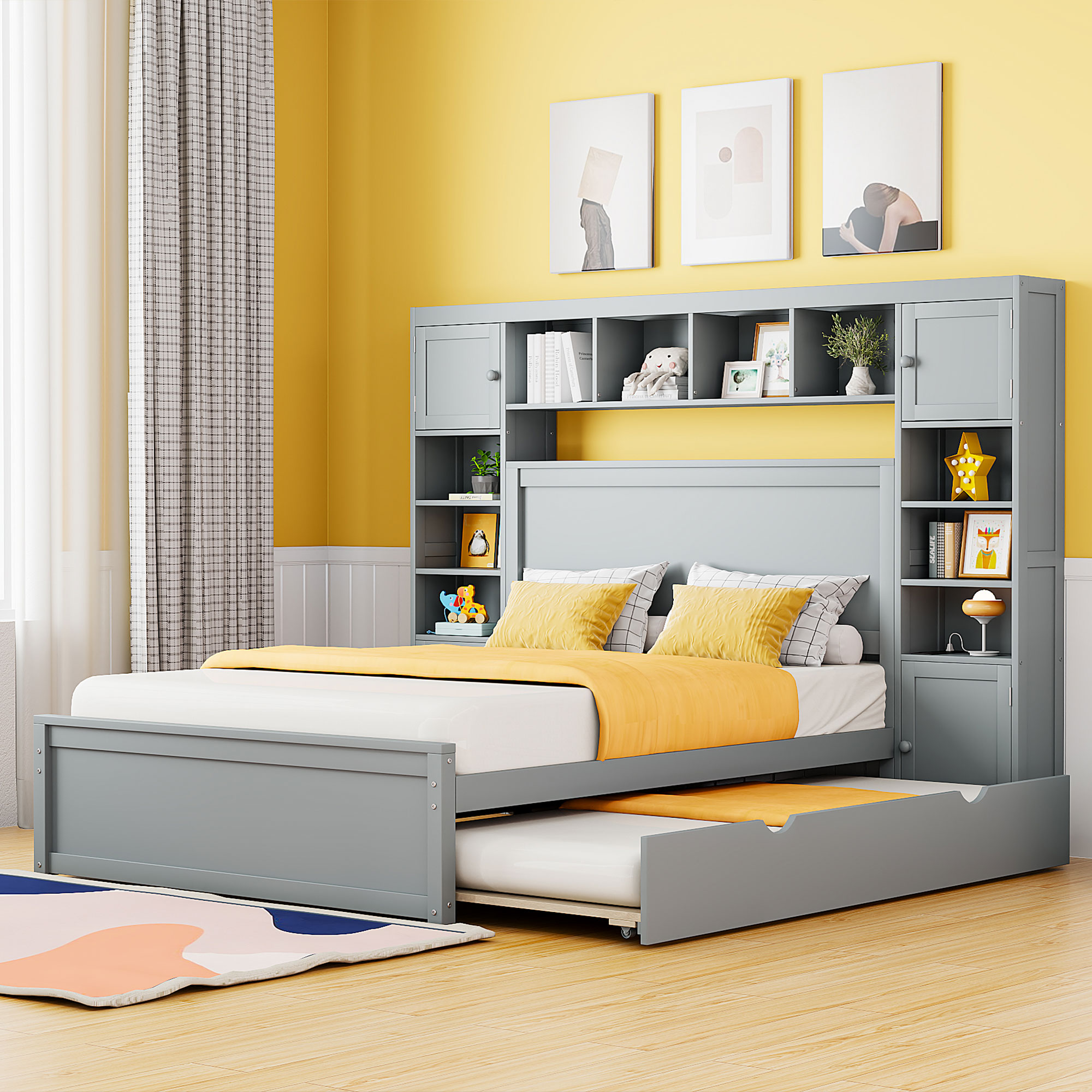 Full Size Wooden Bed With All-in-One Cabinet, Shelf and Sockets 4 Full Size Wooden Bed With All-in-One Cabinet, Shelf and Sockets