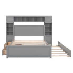 Queen Size Wooden Bed With All-in-one Cabinet, Shelf And Sockets