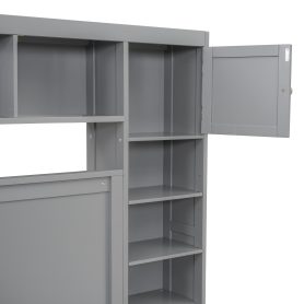 Queen Size Wooden Bed With All-in-one Cabinet, Shelf And Sockets