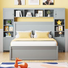 Full Size Wooden Bed With All-in-One Cabinet, Shelf and Sockets 42 Full Size Wooden Bed With All-in-One Cabinet, Shelf and Sockets