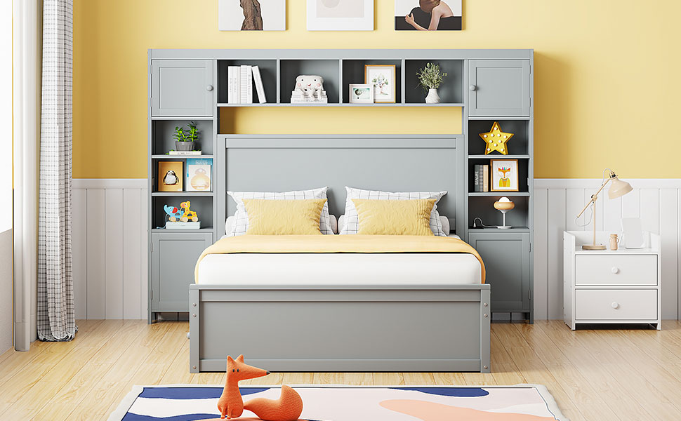 Full Size Wooden Bed With All-in-One Cabinet, Shelf and Sockets 21 Full Size Wooden Bed With All-in-One Cabinet, Shelf and Sockets