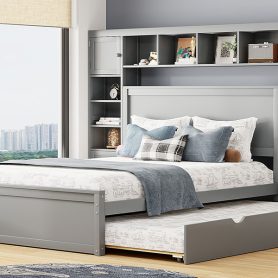 Queen Size Wooden Bed With All-in-one Cabinet, Shelf And Sockets