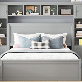 Queen Size Wooden Bed With All-in-one Cabinet, Shelf And Sockets