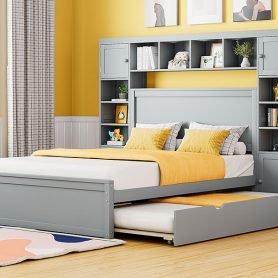 Full Size Wooden Bed With All-in-One Cabinet, Shelf and Sockets 43 Full Size Wooden Bed With All-in-One Cabinet, Shelf and Sockets