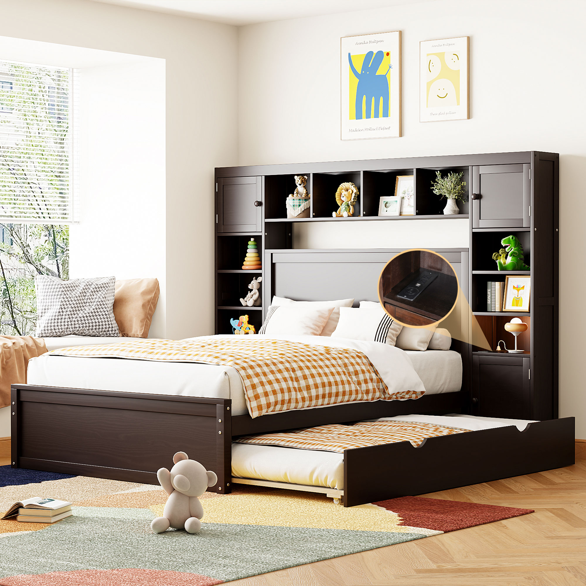 Full Size Wooden Bed With All-in-One Cabinet, Shelf and Sockets