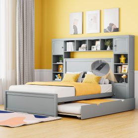 Full Size Wooden Bed With All-in-One Cabinet, Shelf and Sockets