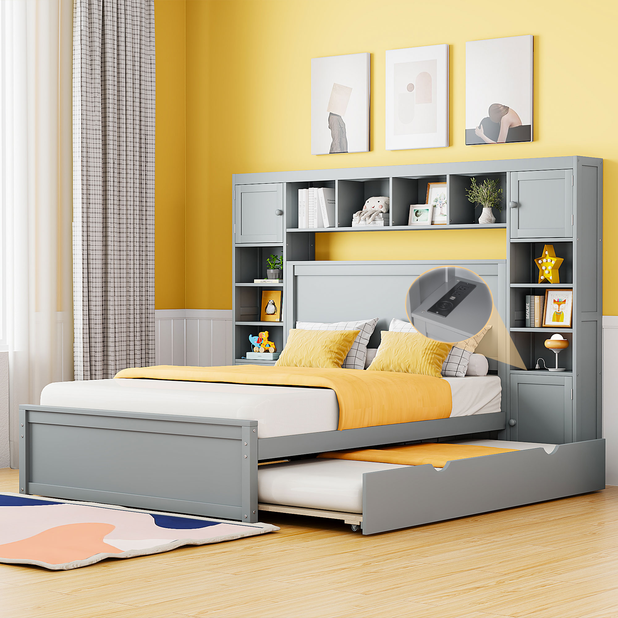 Full Size Wooden Bed With All-in-One Cabinet, Shelf and Sockets 3 Full Size Wooden Bed With All-in-One Cabinet, Shelf and Sockets