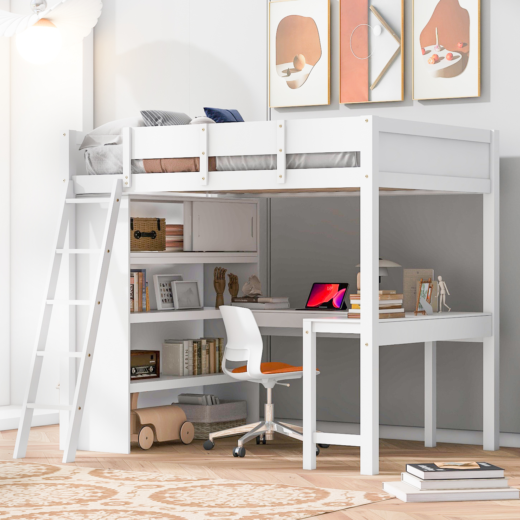 Full Size Loft Bed with Ladder, Desk and Shelf