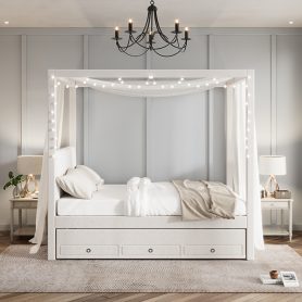 Full Size Upholstery Canopy Platform Bed with Trundle and Three Storage Drawers