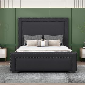 Queen Size Upholstered Bed With Wooden Slats Support