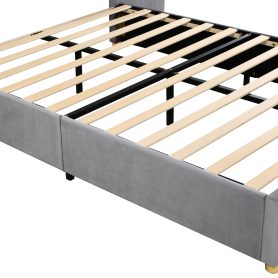 Queen Size Upholstered Platform Bed, Two Outlets and USB Charging Ports on Both Sides, Two Bedside Pillows, Storage Shelves