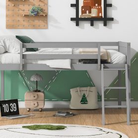 Full Size Wood Low Loft Bed With Ladder, Ladder Can Be Placed On The Left Or Right