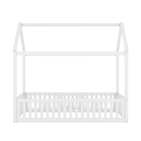 Twin Size Wood House Bed with Fence and Door