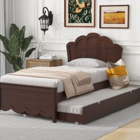 Twin Size Wood Platform Bed with Headboard and Twin Size Trundle