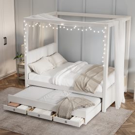 Full Size Upholstery Canopy Platform Bed with Trundle and Three Storage Drawers