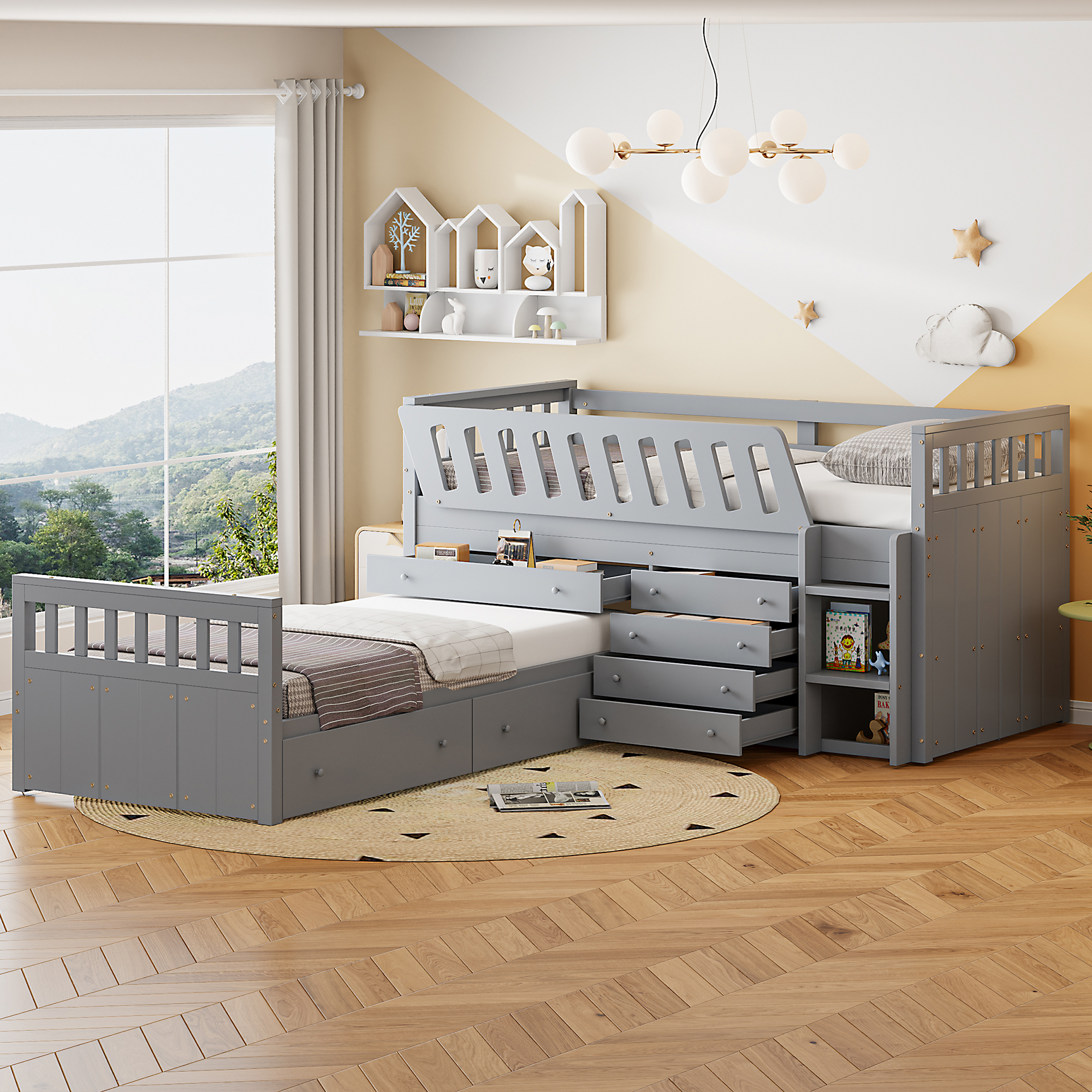 Space-Saving Twin Loft and Twin Platform Bed with 7 Drawers and Full Guardrails