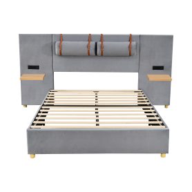 Full Size Upholstered Platform Bed, Two Outlets and USB Charging Ports on Both Sides, Two Bedside Pillows, Storage Shelves