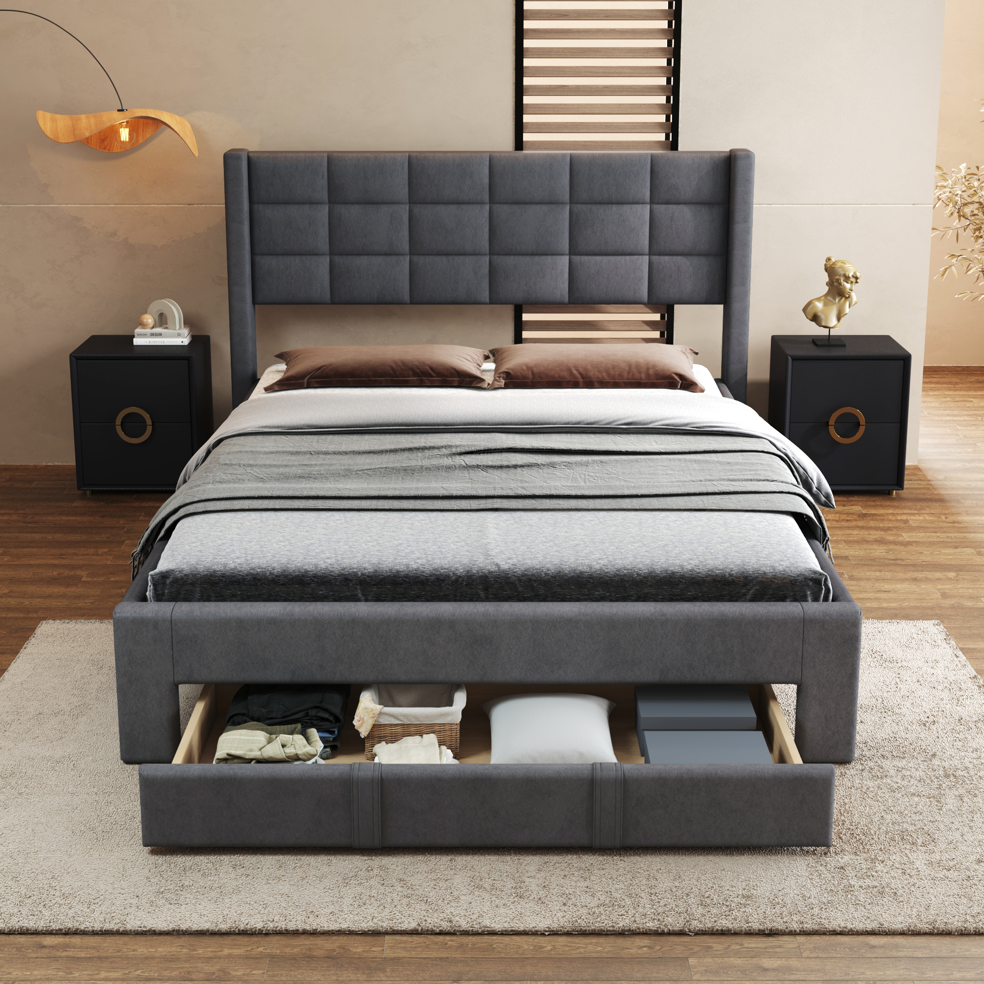 Queen Size Upholstered Platform Bed with A Big Drawer