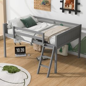 Full Size Wood Low Loft Bed With Ladder, Ladder Can Be Placed On The Left Or Right
