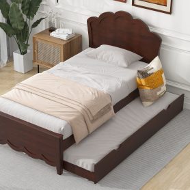 Twin Size Wood Platform Bed with Headboard and Twin Size Trundle