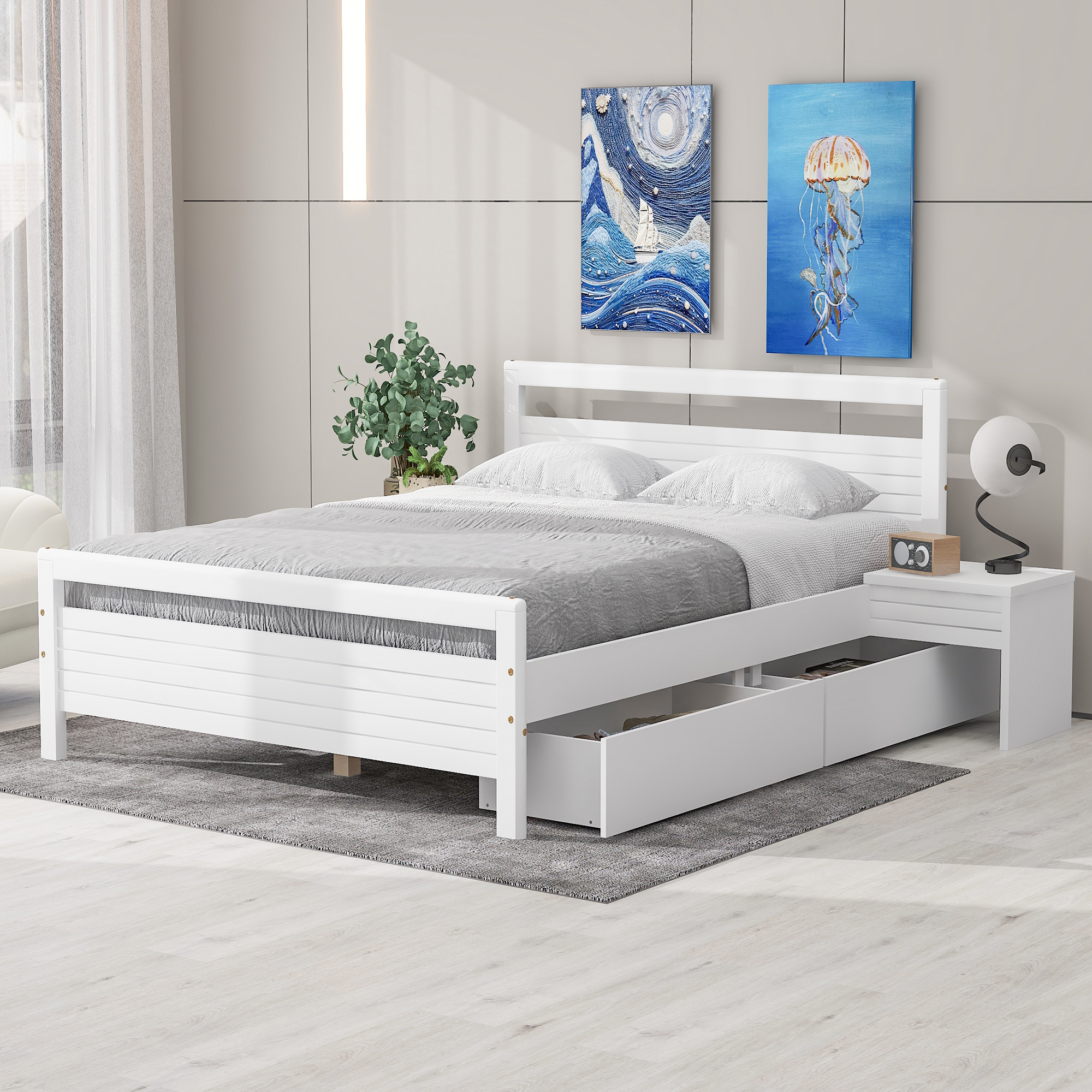 Queen Size Wooden Platform Bed With 2 Storage Drawers And 2 Bedside Tables