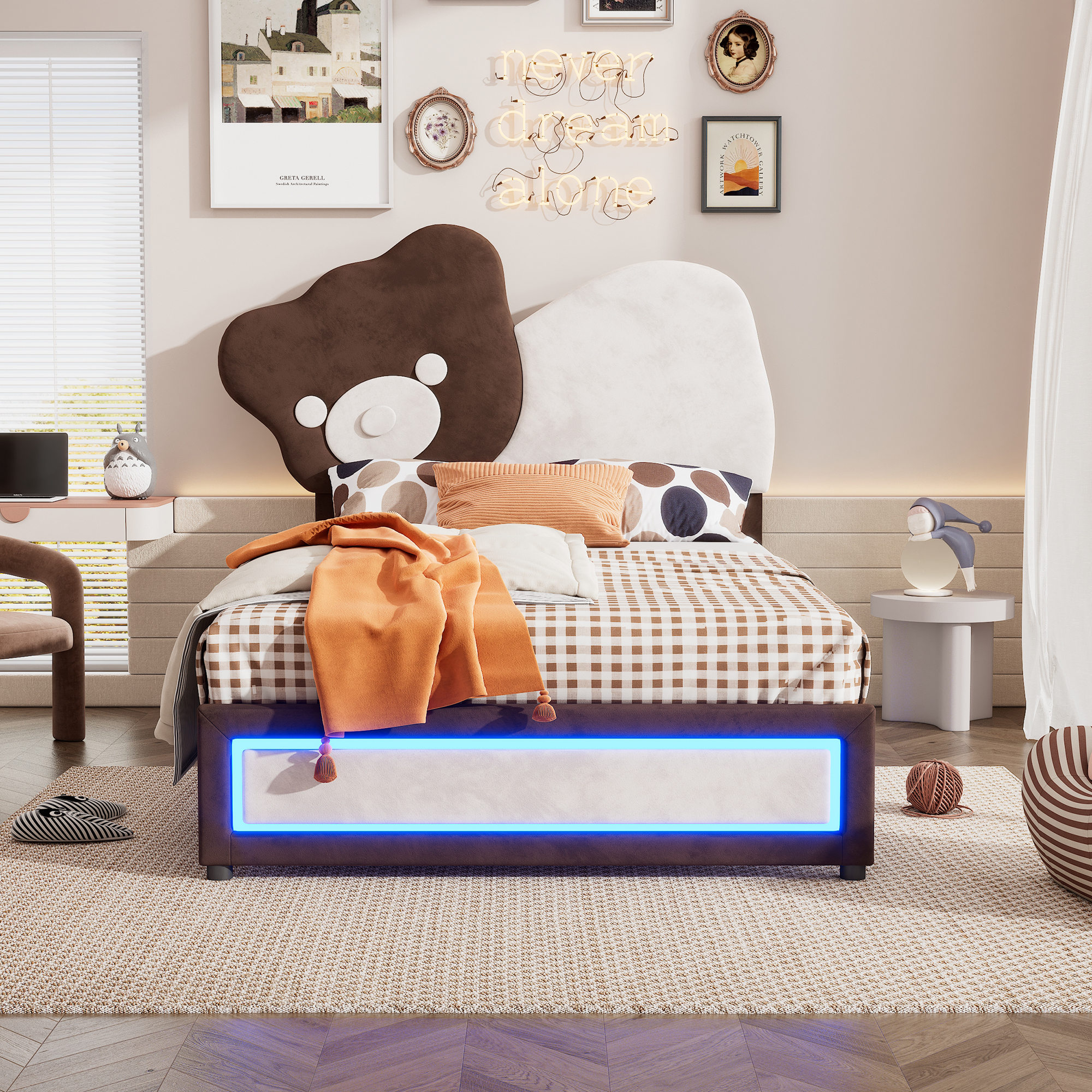 Twin Size Upholstered Platform Bed with Bear Shaped Headboard, LED Light Strips